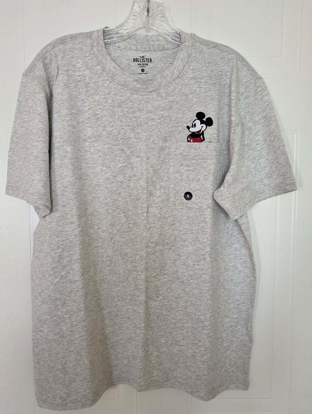 Hollister X Disney Mickey Mouse Short-Sleeve Crew Neck Pocket Tee Shirt, Gray, M